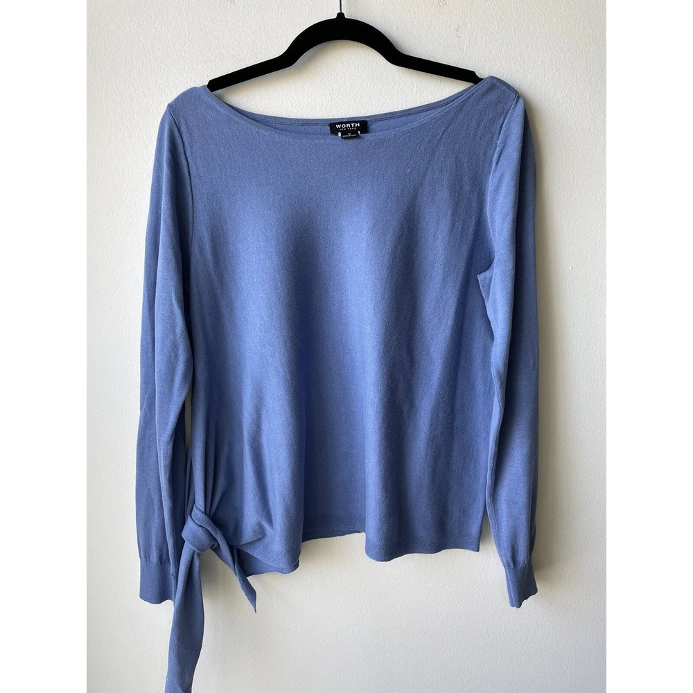 Worth New York Sweater Womens M Blue Side Tie Boat Neck Cotton Blend Pullover